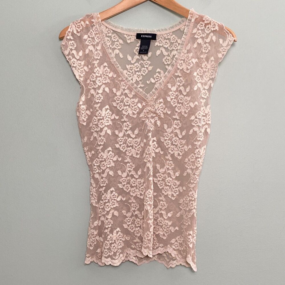 Express Y2K Lace Babydoll Top Sheer Floral Womens Small Champagne Pink Vintage